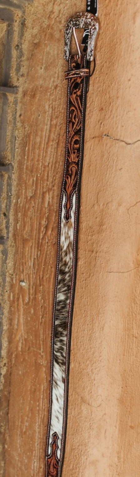 Cowhide Tooled Leather Belt W Western Buckle
