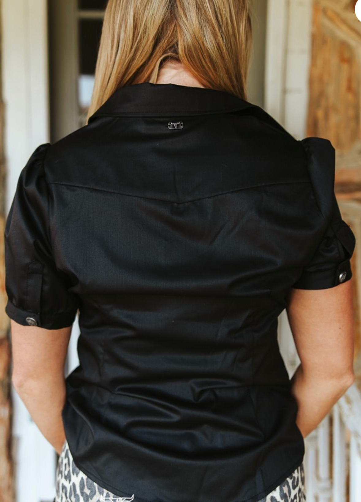 Black Concho Button Down Puff Short Sleeve Shirt