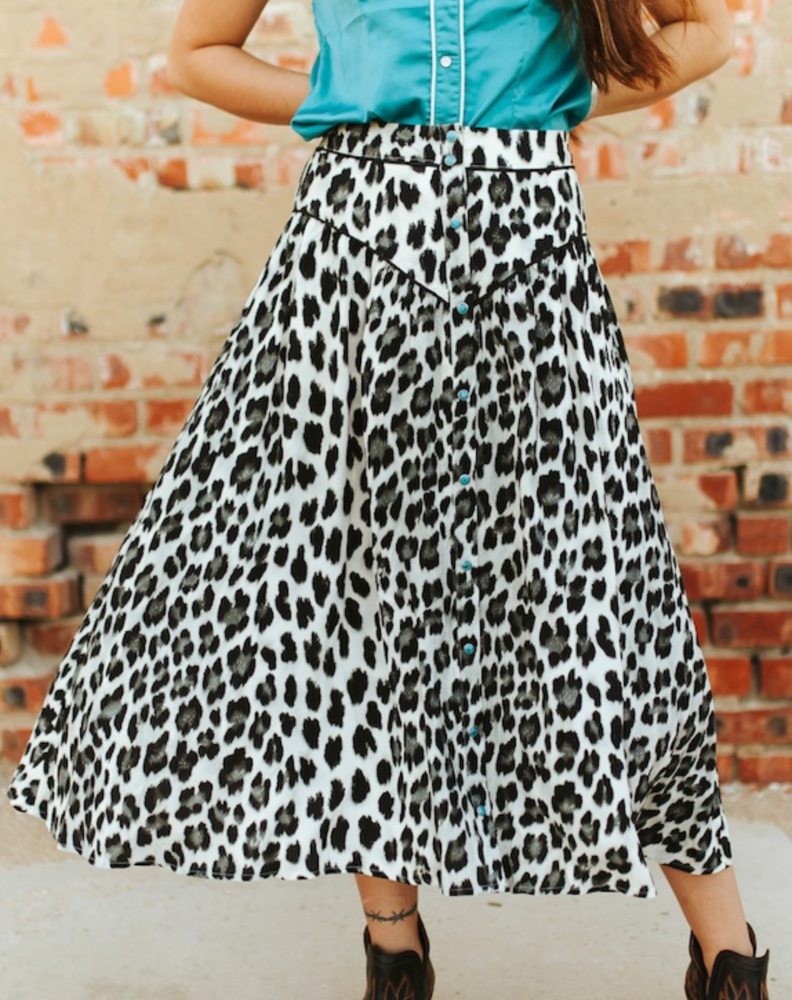 Leopard Printed Button Down Yoke Skirt W Turquoise Snap Buttons