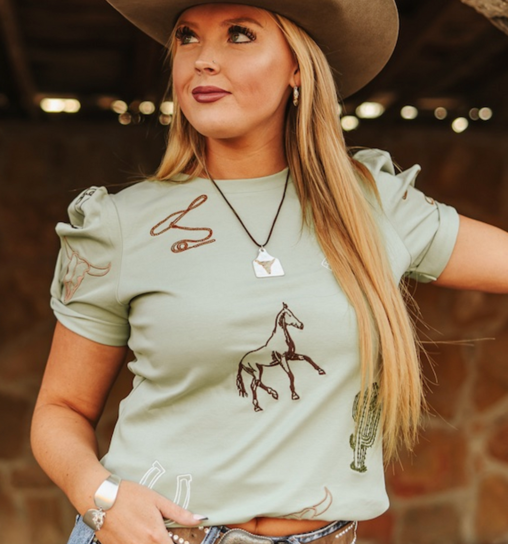 Sage Western Contrast Embroidered Puff Sleeve Top Plus Size