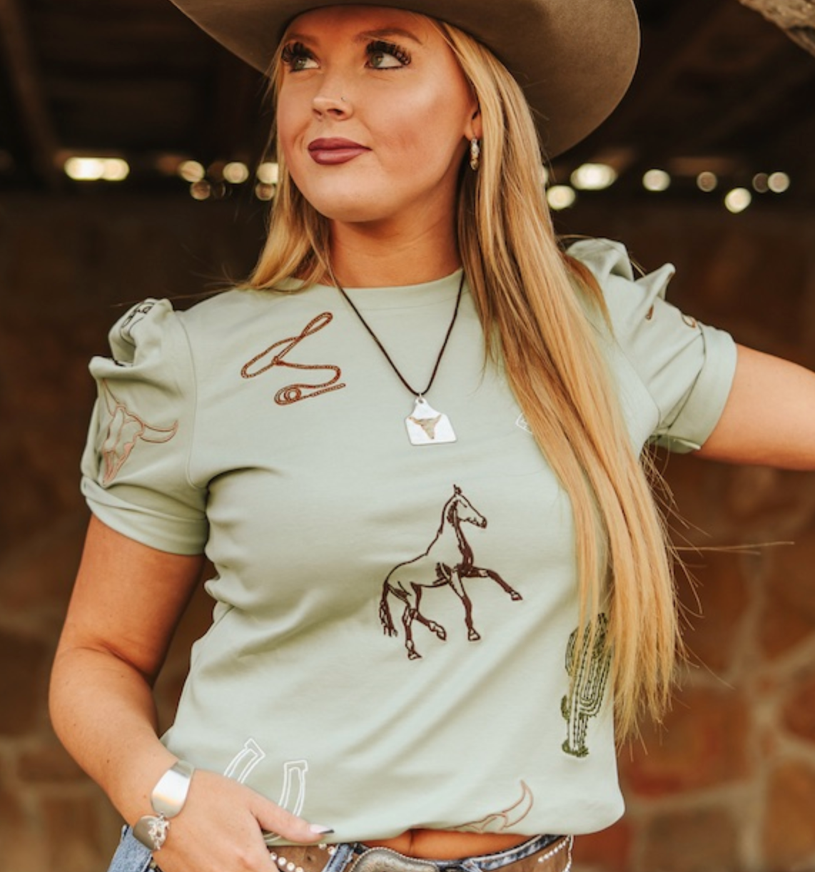 Sage Western Contrast Embroidered Puff Sleeve Top Plus Size