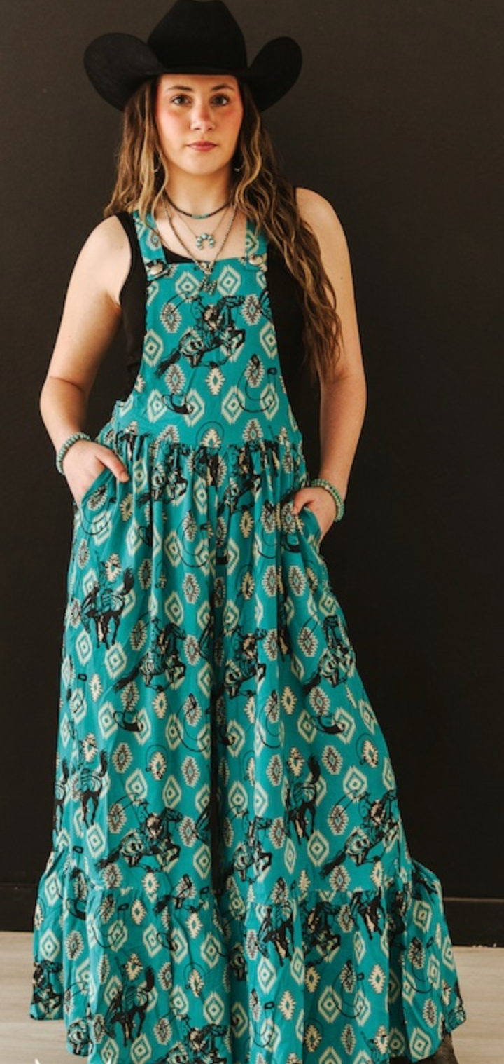 Teal Aztec Cowboy Printed Wide Leg Ruffle Western Jumpsuit