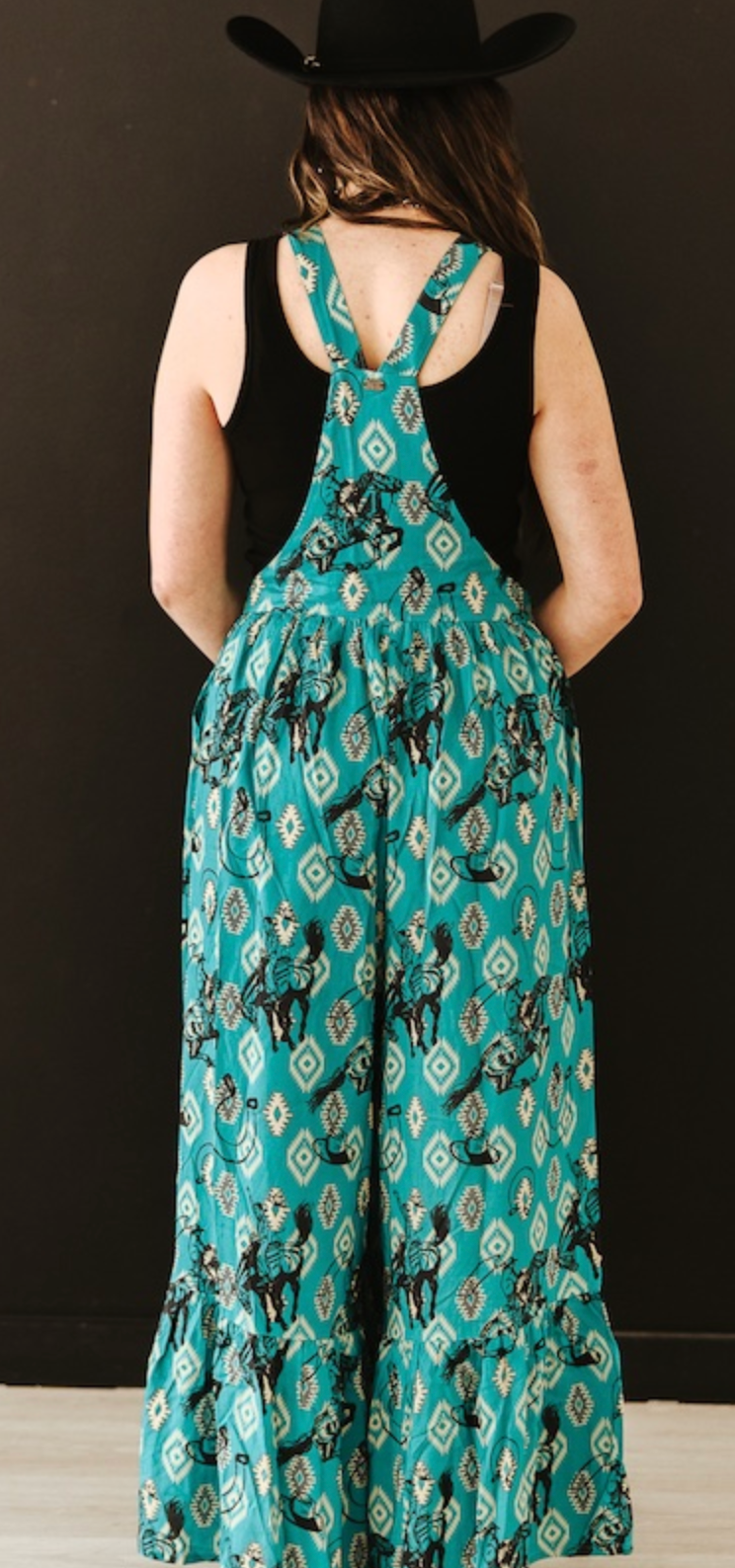 Teal Aztec Cowboy Printed Wide Leg Ruffle Western Jumpsuit