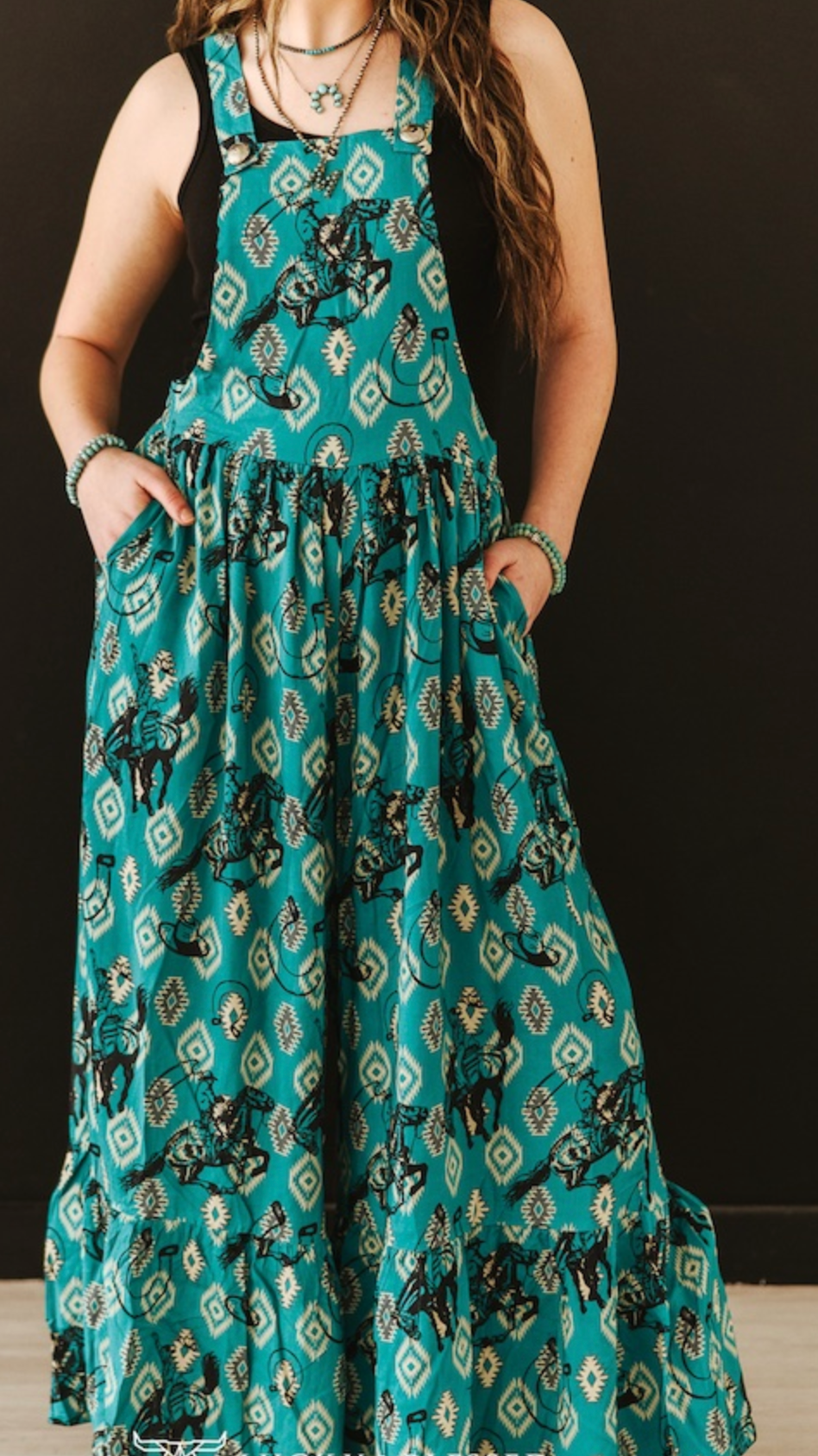 Teal Aztec Cowboy Printed Wide Leg Ruffle Western Jumpsuit