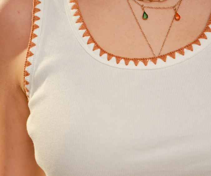 Round Neck Embroidery Stitched Rib Tank