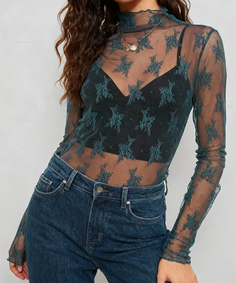 Teal Mesh Lace Top