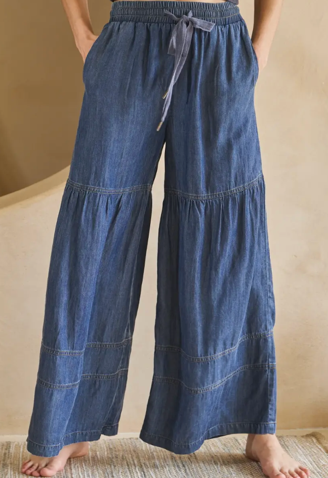 Dark Washed Denim Tiered Wide Leg Pants Plus