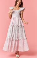 Flower Print Smocking Top Ruffle Tier Maxi Dress