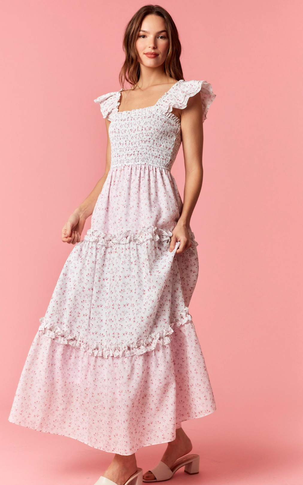Flower Print Smocking Top Ruffle Tier Maxi Dress