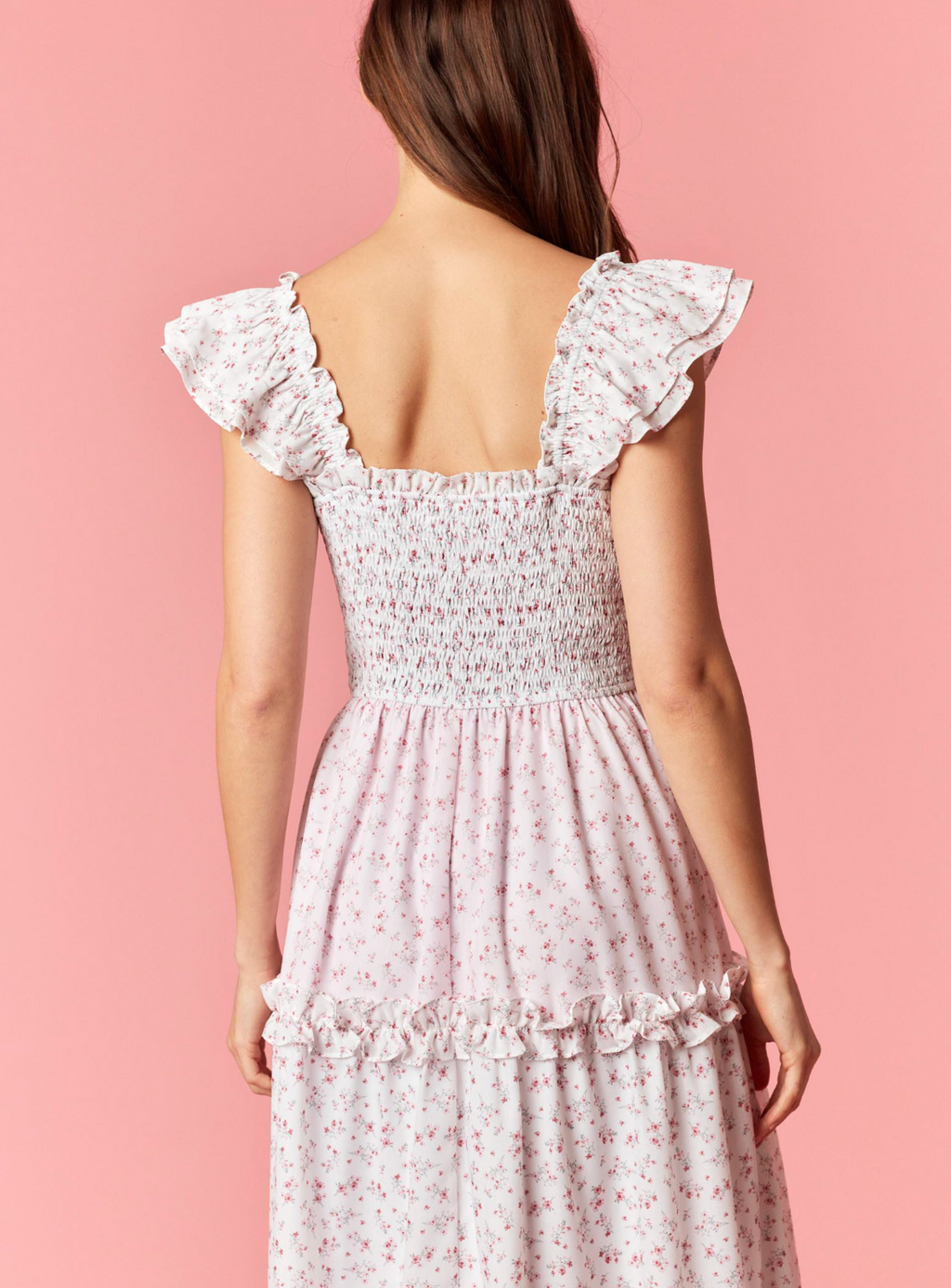 Flower Print Smocking Top Ruffle Tier Maxi Dress