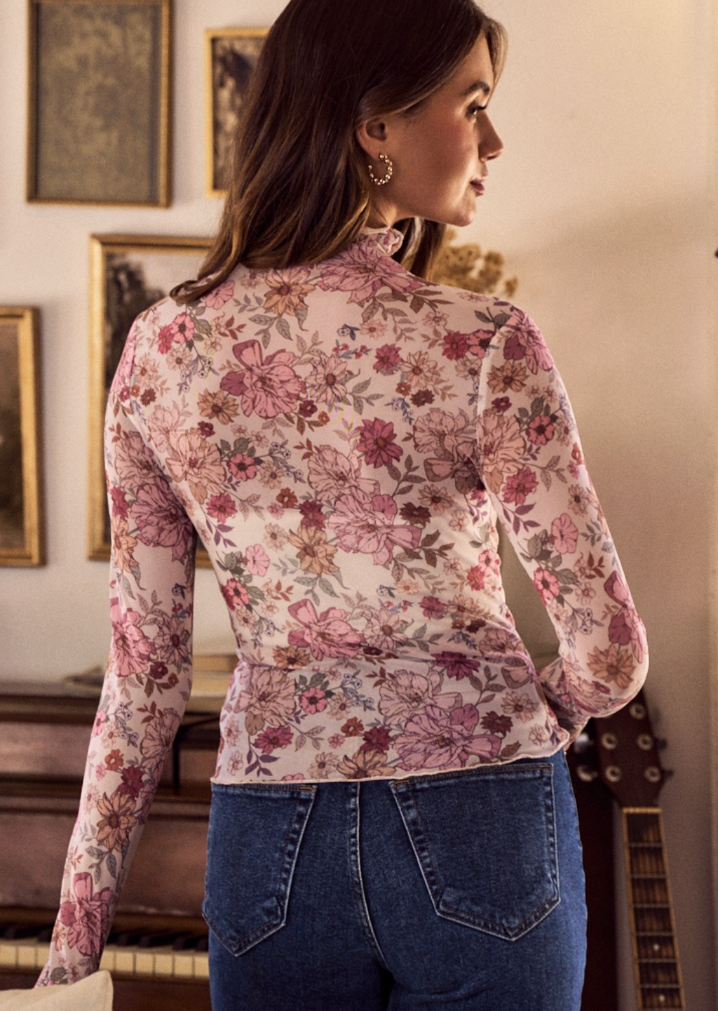 Floral Print mesh long sleeve with thumb openings