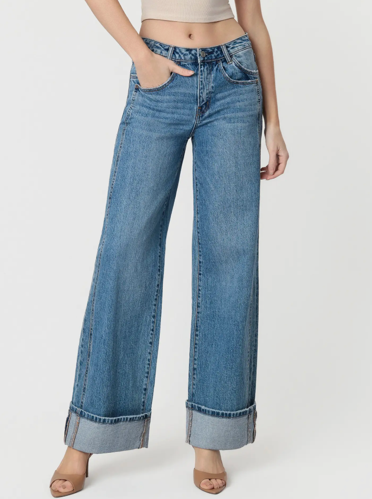 High Rise Cuffed Panel Baggy Wide Jeans T6645