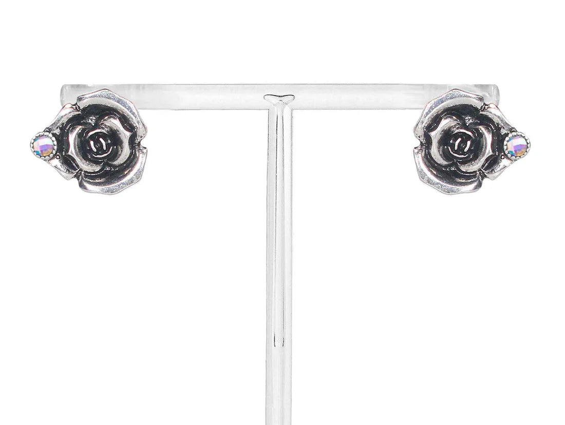 Antique Silver Wild Flower Stud Earrings with a Crystal Accent