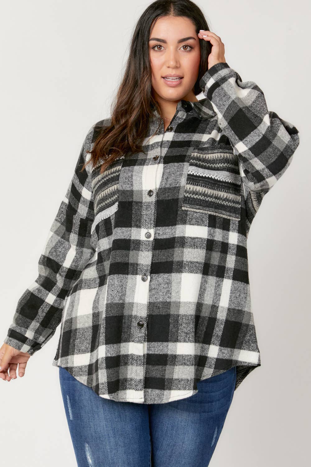 Plaid Button Down Long Sleeve Pocket Shirt Plus