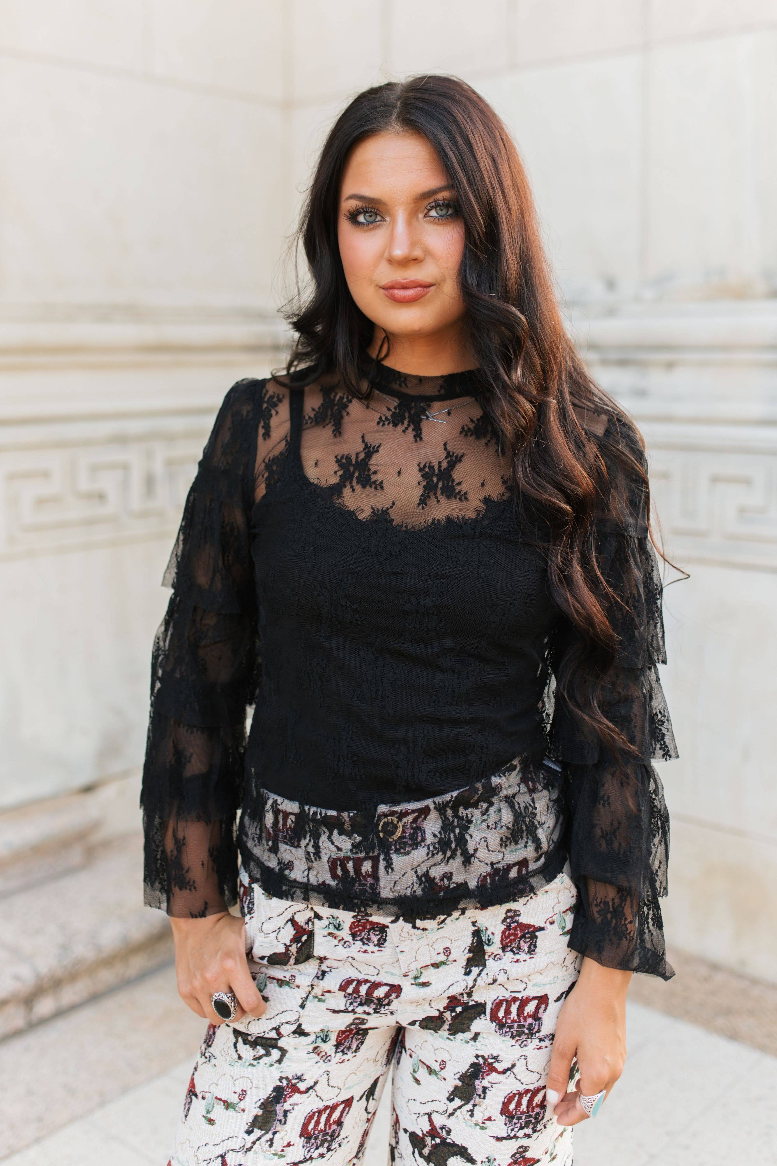 BLACK Ruffle Sleeve LACE TOP