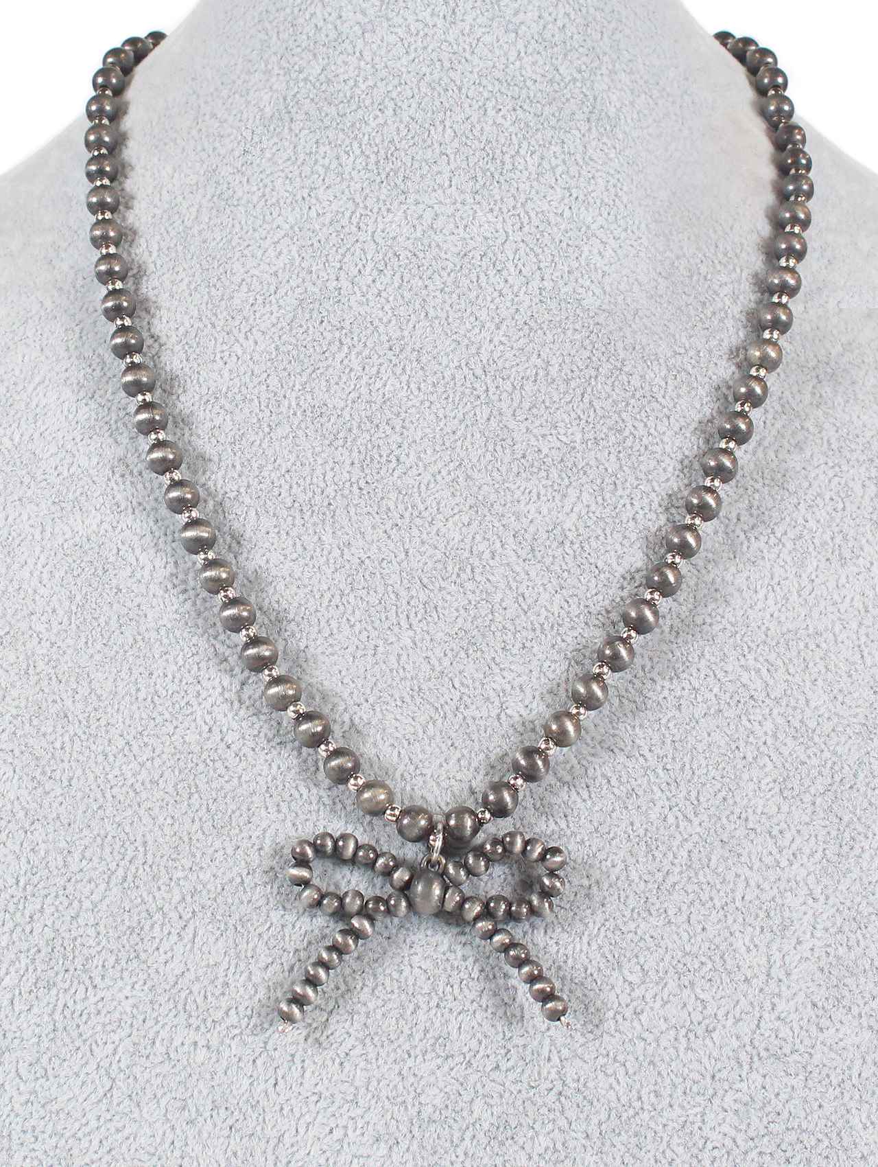 Gunmetal Beaded Bow Pendant Necklace