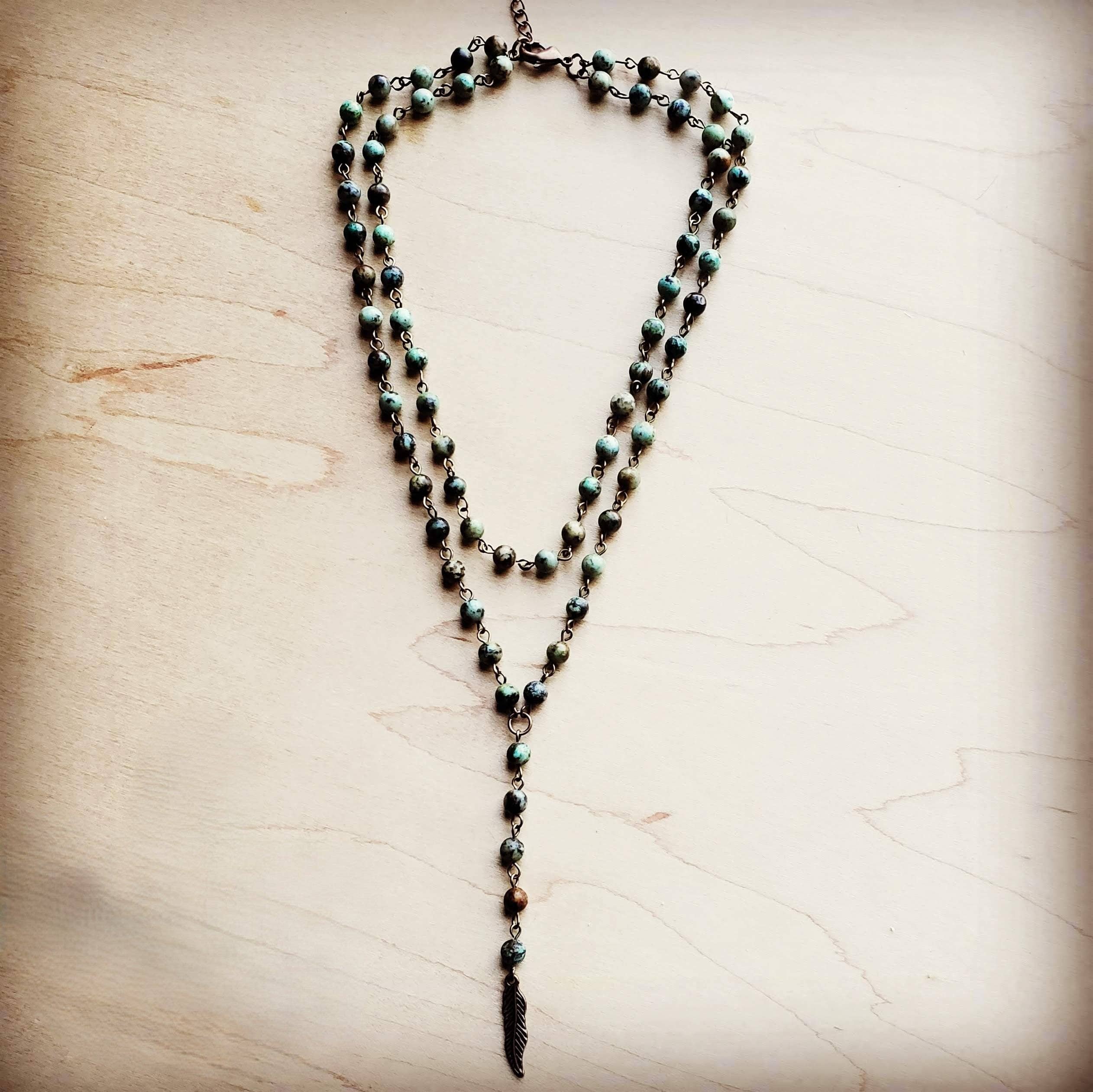 Double Strand Lariat African Turquoise Necklace w/ Copper Feather