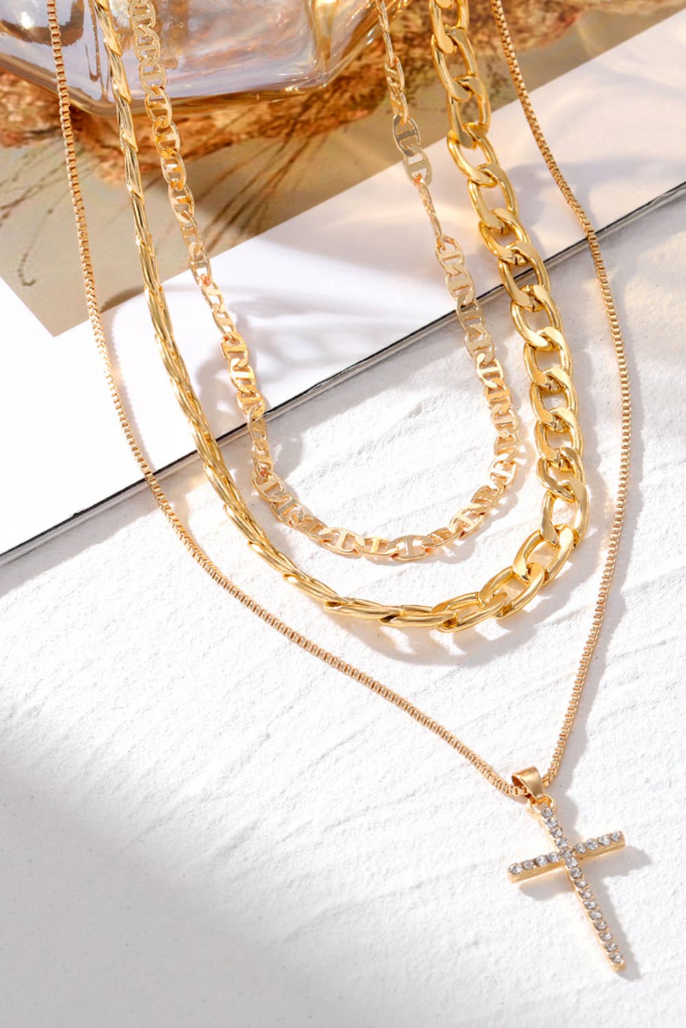 Cross Pendant Multi Layer Stacked Chains Necklace