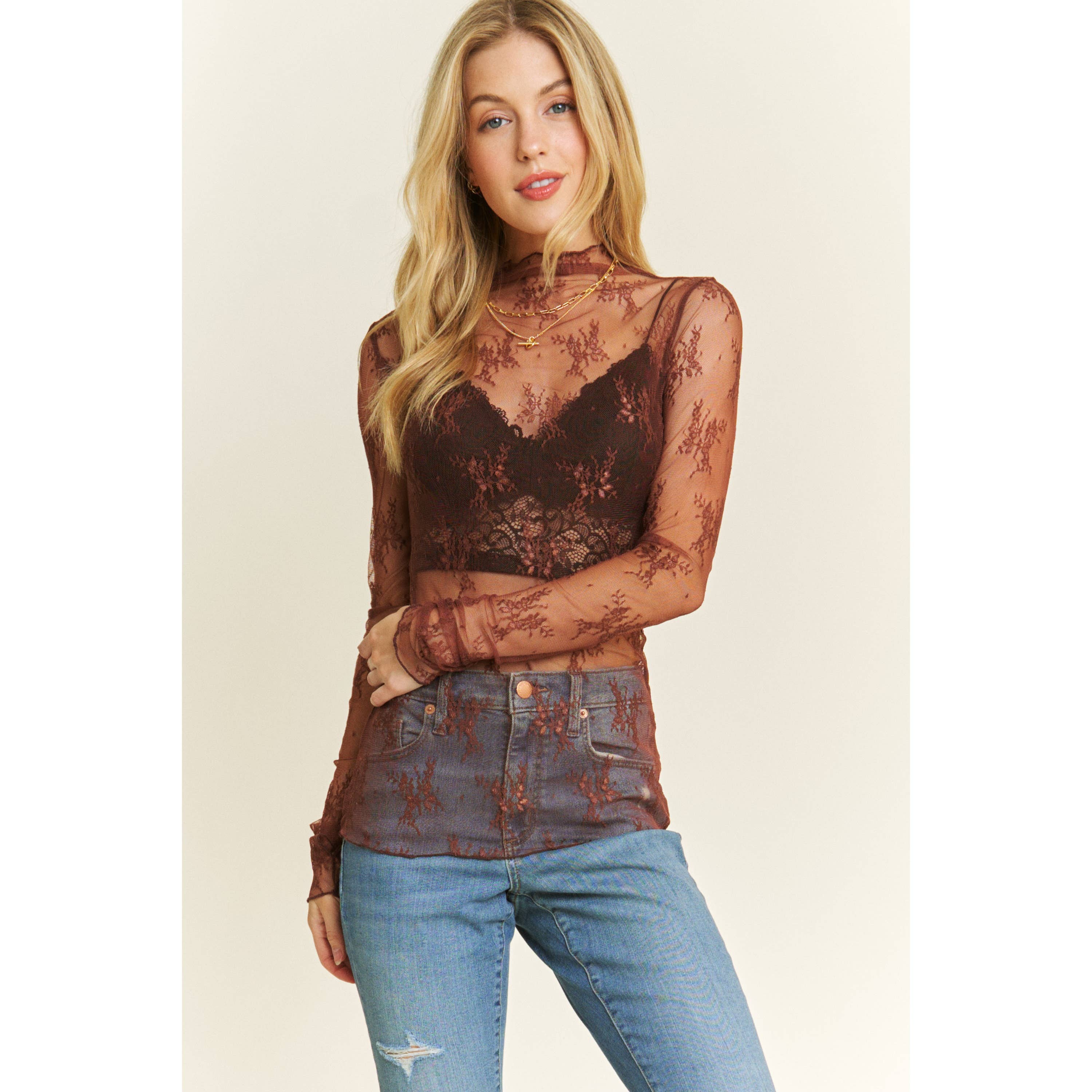 Mesh Lace High Neck Designed Long Sleeve Fitted Top