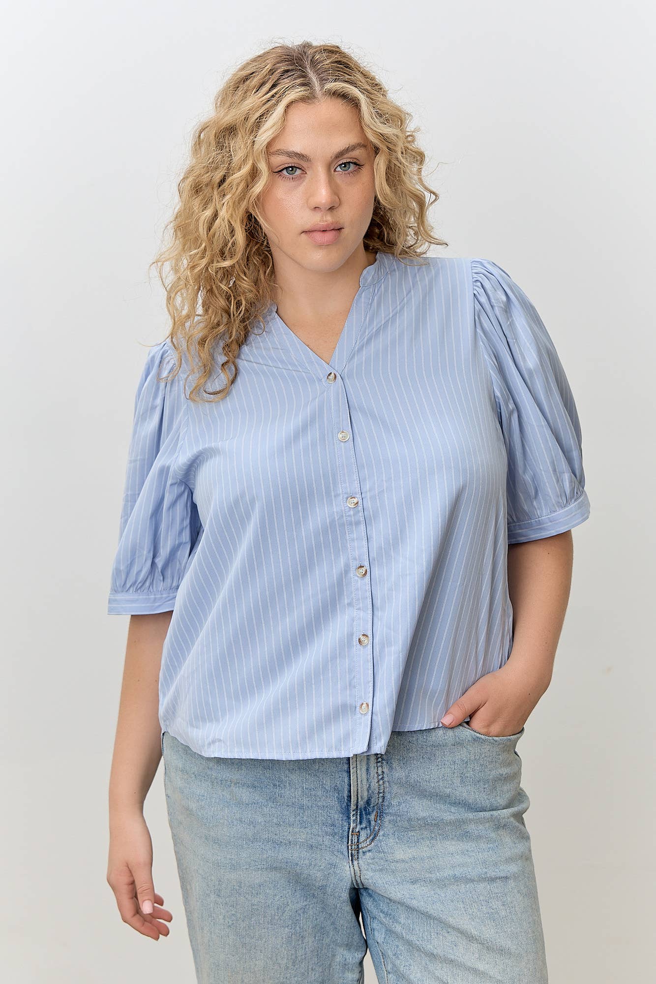 Blue V-NECK BUTTON UP TOP PLUS