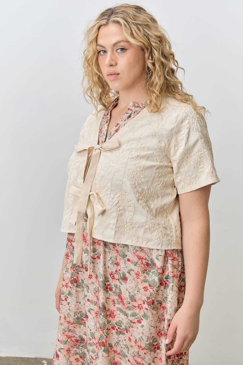 Embroided Flower Front Tie Top - Plus