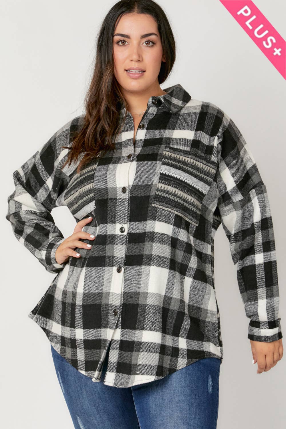 Plaid Button Down Long Sleeve Pocket Shirt Plus