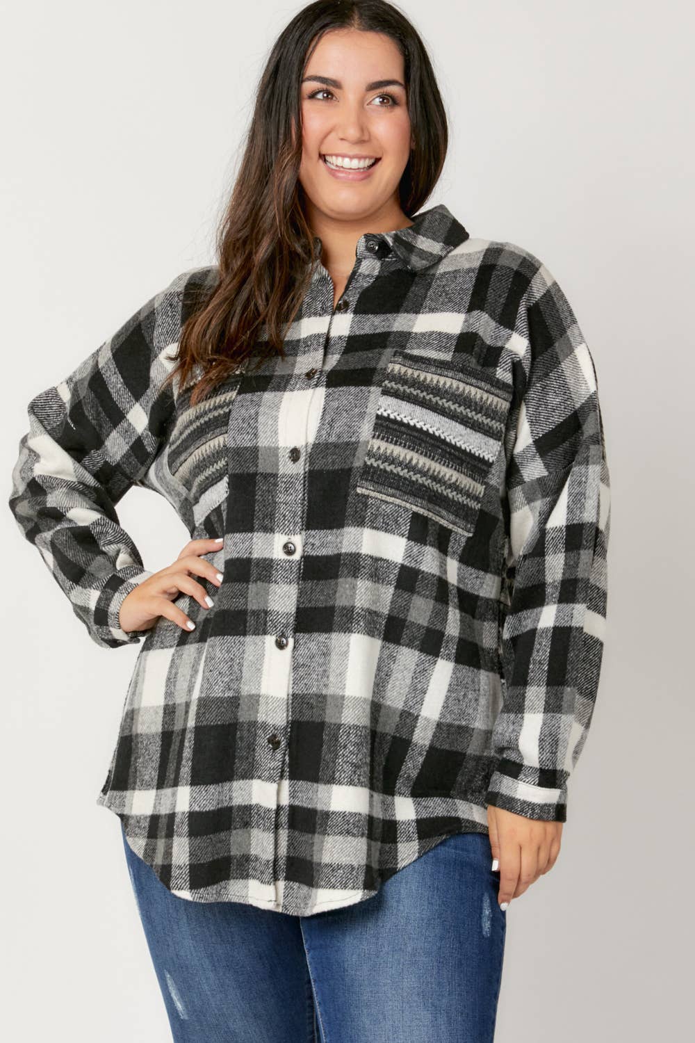 Plaid Button Down Long Sleeve Pocket Shirt Plus