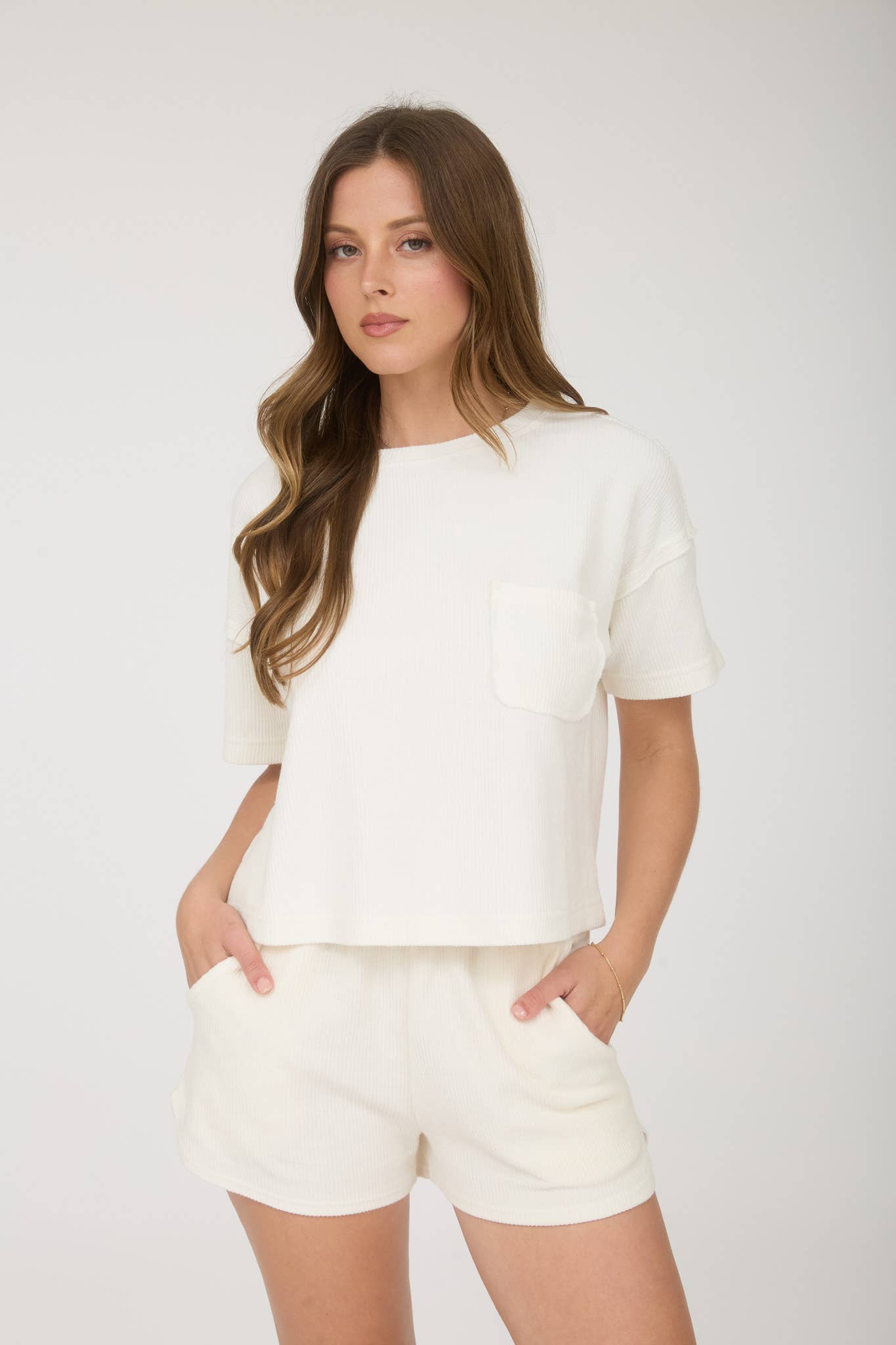 Ribbed Pocket Detail Short Sleeve Knit Top