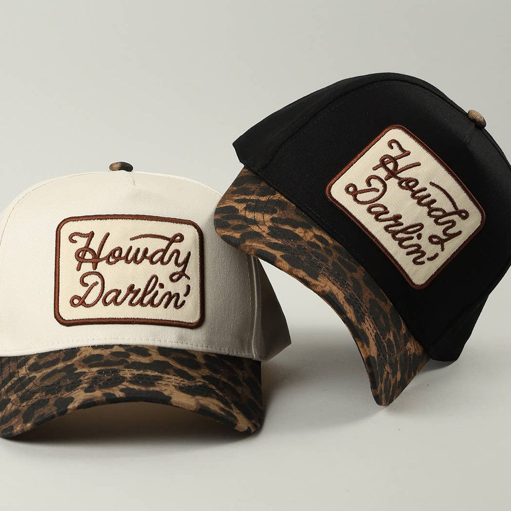 Howdy Darlin' Embroidered Leopard Brim Trucker Hat in Black