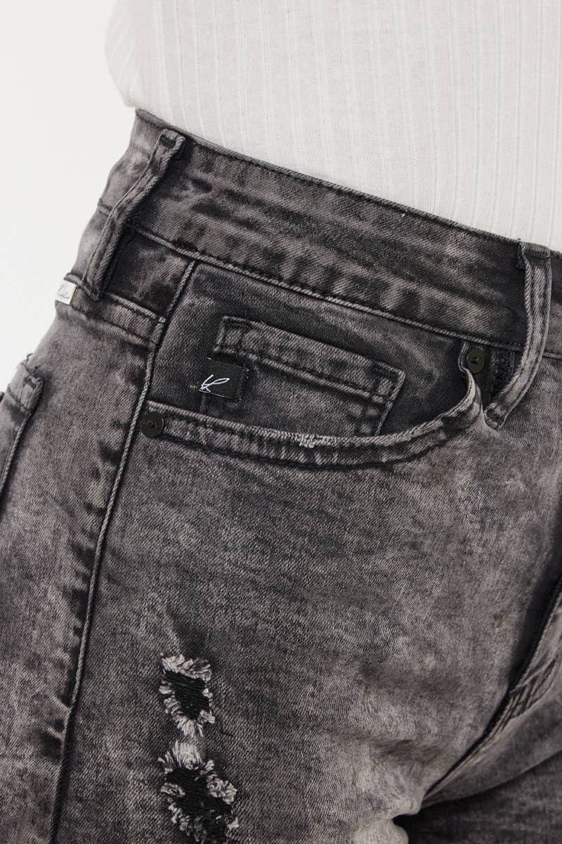 High Rise Gray Stone Fray Hem Denim Shorts