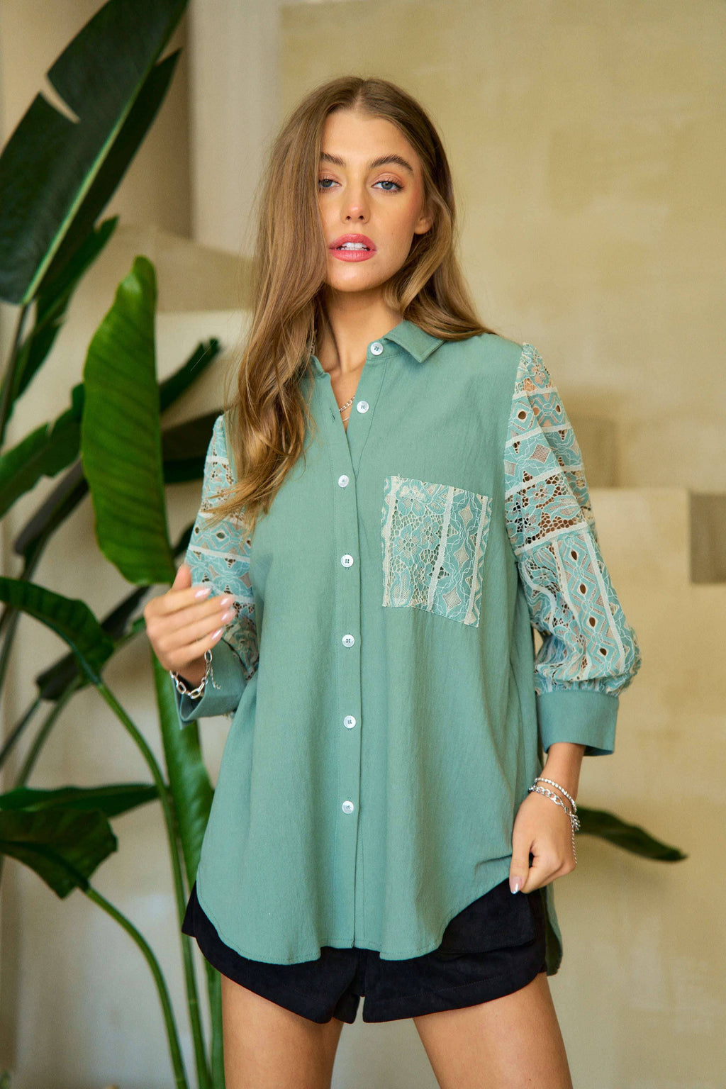 Geo Stripe Lace Long Sleeve Button Shirt - Plus