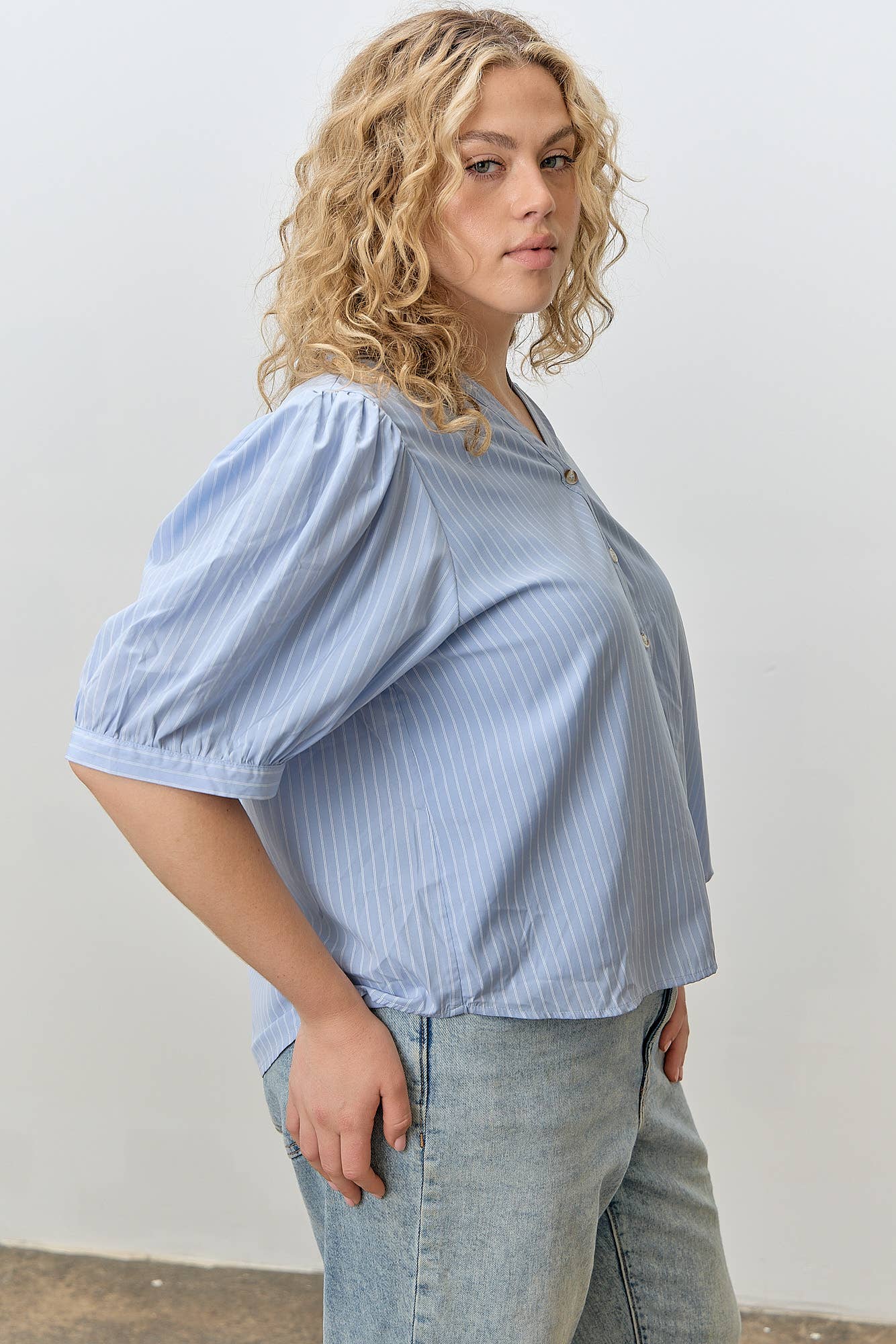Blue V-NECK BUTTON UP TOP PLUS