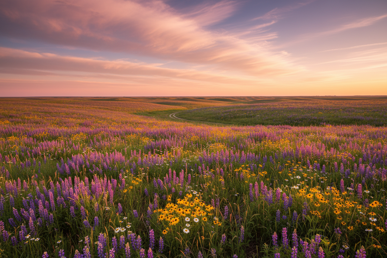 prairie range with wildflowers and pink sky